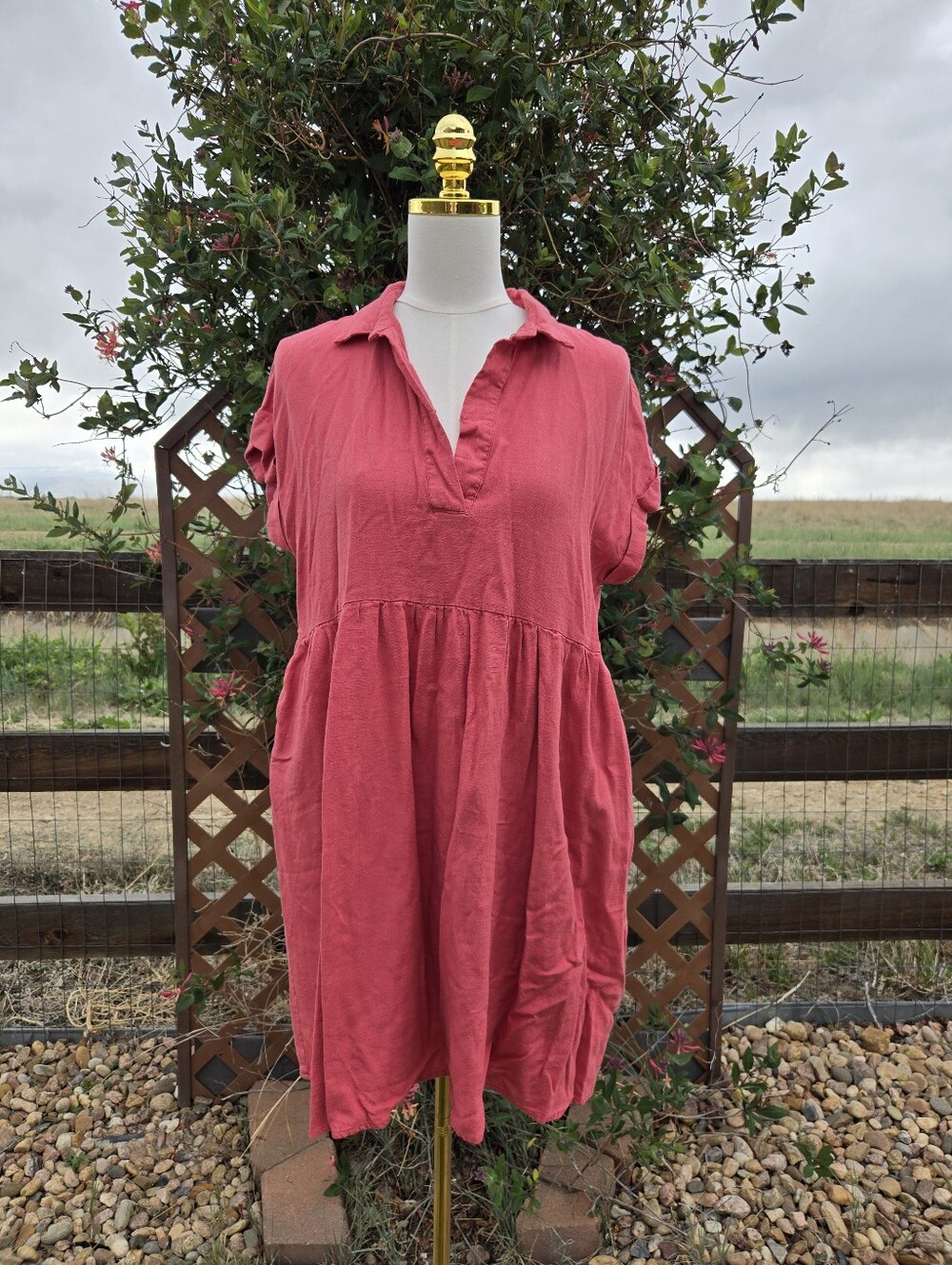 UMGEE Women’s Coral Pink Collared Babydoll Linen Mini Dress Size Medium NWOT